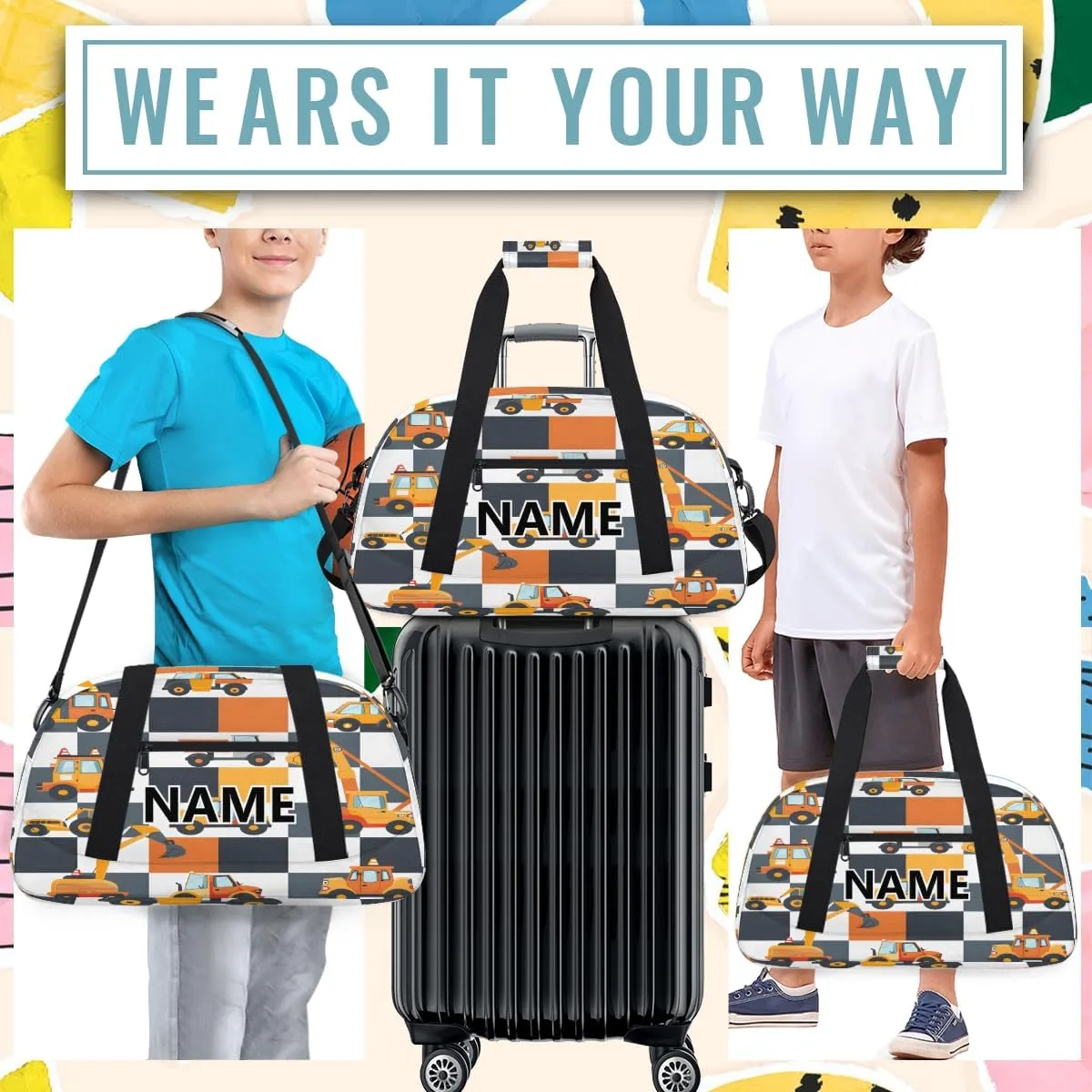 Excavator Mini Gym Bag 18 inch for Women Men Waterproof Custom Tractor Machinery Trucks Travel Duffel Bag Carry On Overnight Tote Nurse Bag for Work Fitness Hiking