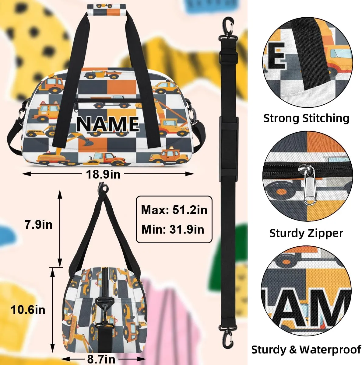 Excavator Mini Gym Bag 18 inch for Women Men Waterproof Custom Tractor Machinery Trucks Travel Duffel Bag Carry On Overnight Tote Nurse Bag for Work Fitness Hiking