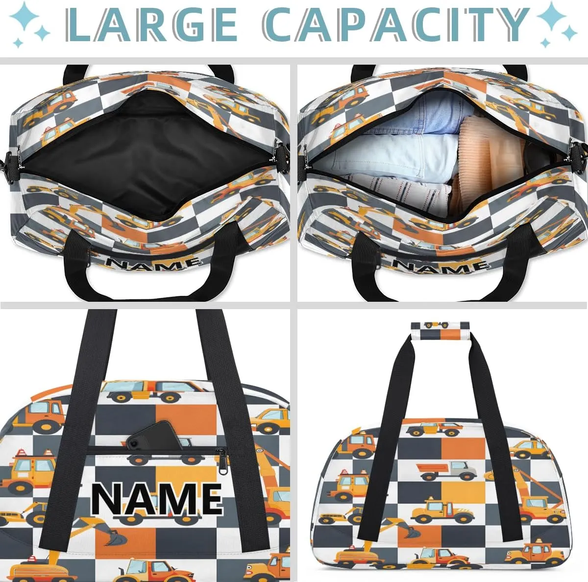 Excavator Mini Gym Bag 18 inch for Women Men Waterproof Custom Tractor Machinery Trucks Travel Duffel Bag Carry On Overnight Tote Nurse Bag for Work Fitness Hiking