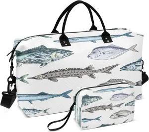 Exnundod Travel Duffel Bags Sketch Fish Pattern Sports Gym Bag Weekender Carry On Tote Overnight Luggage Bags for Women and Men