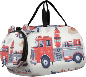 Fire Engine Red Fire Truck Car Duffle Bag for Toddler Boys Girls, Gym Sports Bag with Shoe Compartments, Kids Travel Overnight Weekender Shoulder Bag