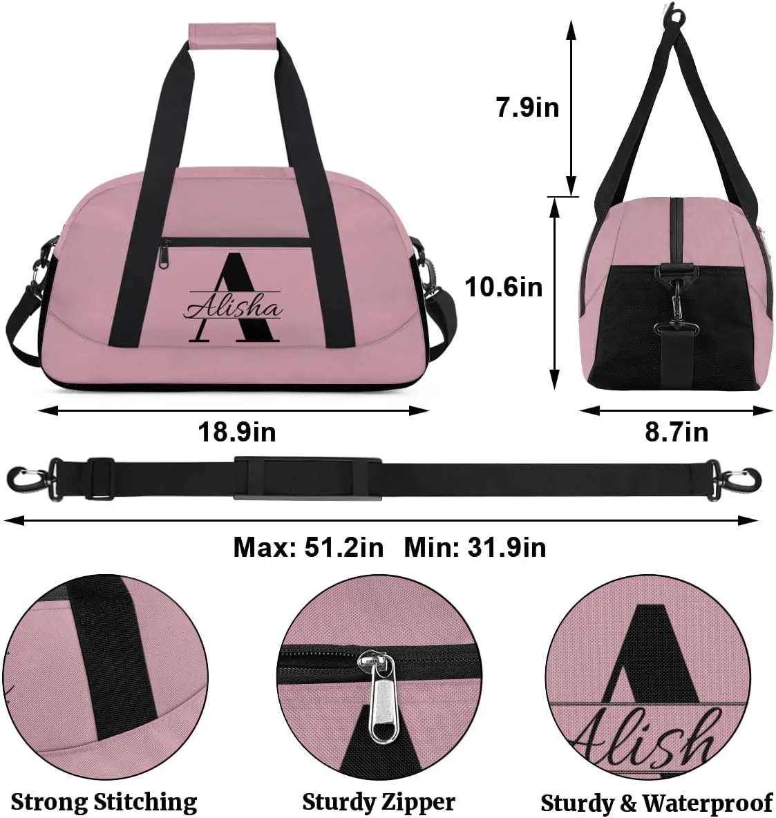 Flesh Pink Personalized Duffel Bag, Custom Travel Bag with Name, Initial Weekender Overnight Bag Monogram Sport Gym Bags for Women Men
