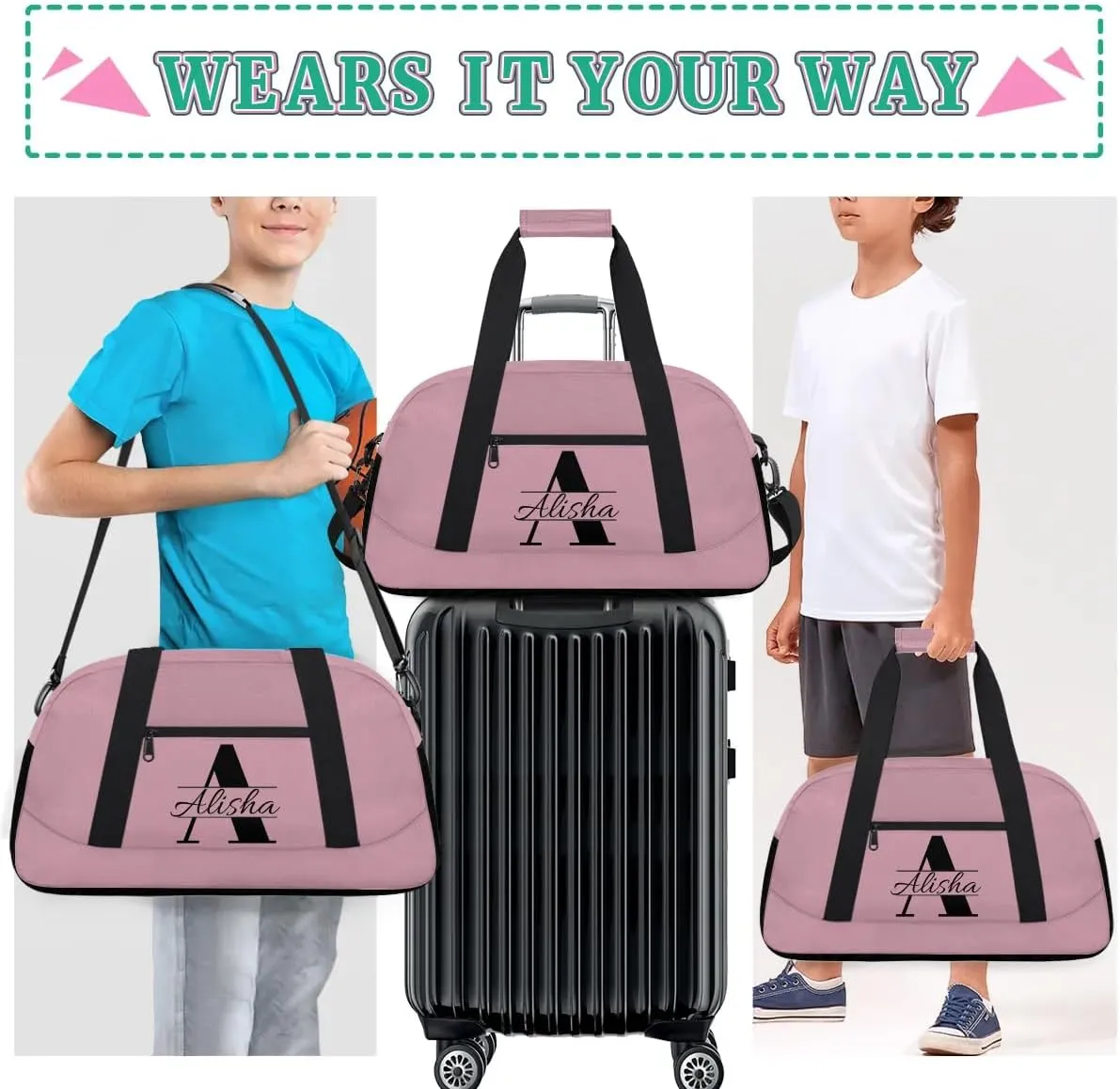 Flesh Pink Personalized Duffel Bag, Custom Travel Bag with Name, Initial Weekender Overnight Bag Monogram Sport Gym Bags for Women Men