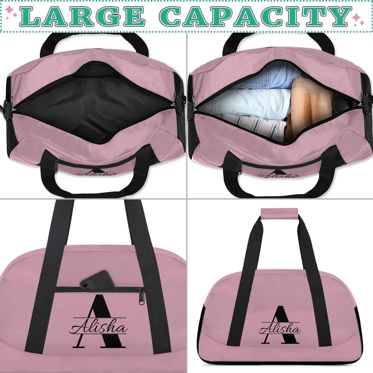 Flesh Pink Personalized Duffel Bag, Custom Travel Bag with Name, Initial Weekender Overnight Bag Monogram Sport Gym Bags for Women Men