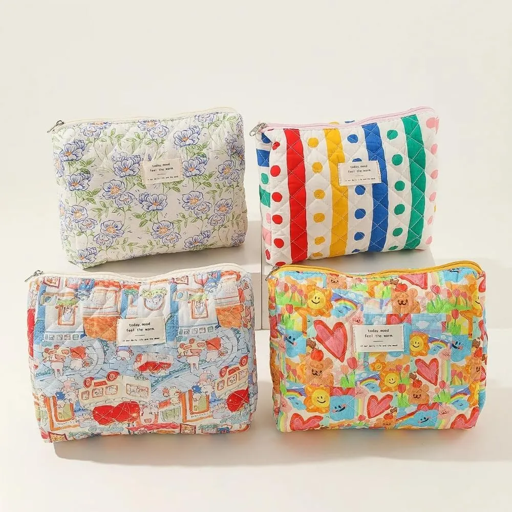 Floral Quilted Makeup Bag Set for Women Aesthetic Travel Large Cute Cosmetic Toiletry Pouch Lightweight Cotton Tote Purse Organizer Insert Valentines_Gifts for Her, c01 (3PCS#03Lovely Heart)