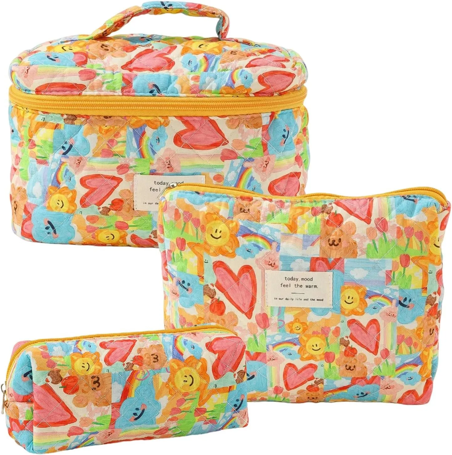 Floral Quilted Makeup Bag Set for Women Aesthetic Travel Large Cute Cosmetic Toiletry Pouch Lightweight Cotton Tote Purse Organizer Insert Valentines_Gifts for Her, c01 (3PCS#03Lovely Heart)