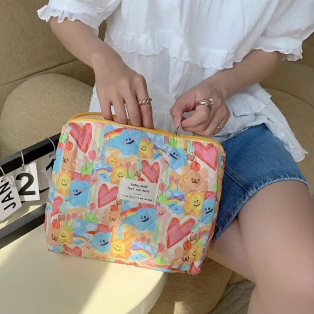 Floral Quilted Makeup Bag Set for Women Aesthetic Travel Large Cute Cosmetic Toiletry Pouch Lightweight Cotton Tote Purse Organizer Insert Valentines_Gifts for Her, c01 (3PCS#03Lovely Heart)