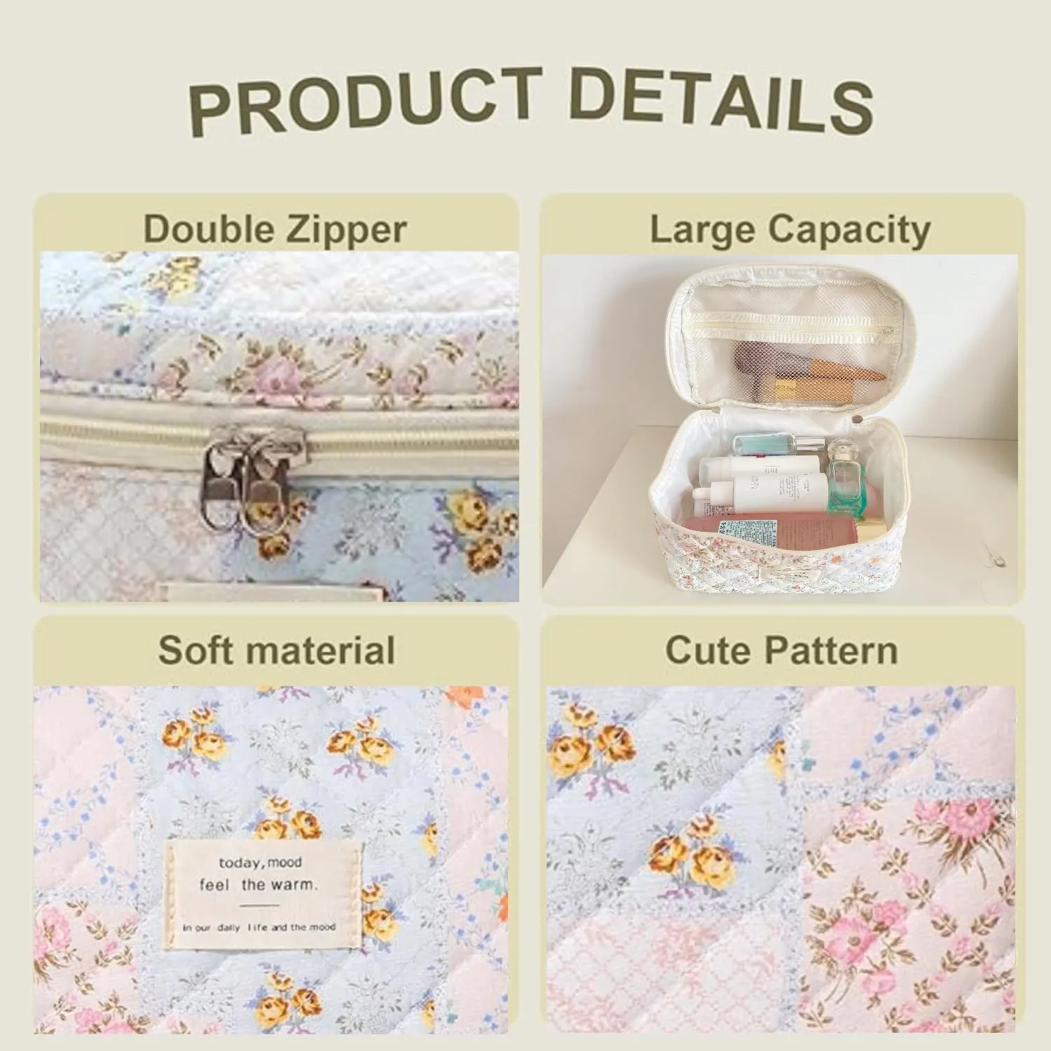 Floral Quilted Makeup Bag Set for Women Aesthetic Travel Large Cute Cosmetic Toiletry Pouch Lightweight Cotton Tote Purse Organizer Insert Valentines_Gifts for Her, c01 (3PCS#08Patchwork)