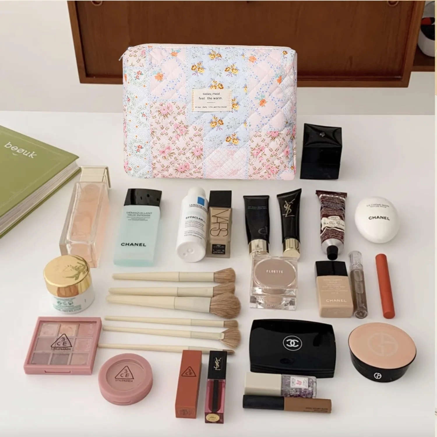 Floral Quilted Makeup Bag Set for Women Aesthetic Travel Large Cute Cosmetic Toiletry Pouch Lightweight Cotton Tote Purse Organizer Insert Valentines_Gifts for Her, c01 (3PCS#08Patchwork)