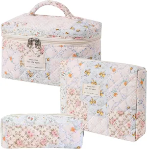 Floral Quilted Makeup Bag Set for Women Aesthetic Travel Large Cute Cosmetic Toiletry Pouch Lightweight Cotton Tote Purse Organizer Insert Valentines_Gifts for Her, c01 (3PCS#08Patchwork)