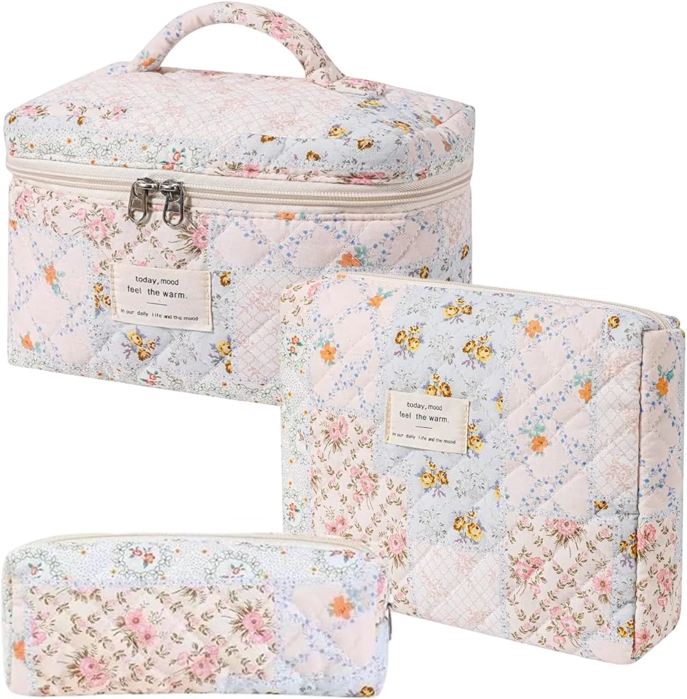 Floral Quilted Makeup Bag Set for Women Aesthetic Travel Large Cute Cosmetic Toiletry Pouch Lightweight Cotton Tote Purse Organizer Insert Valentines_Gifts for Her, c01 (3PCS#08Patchwork)