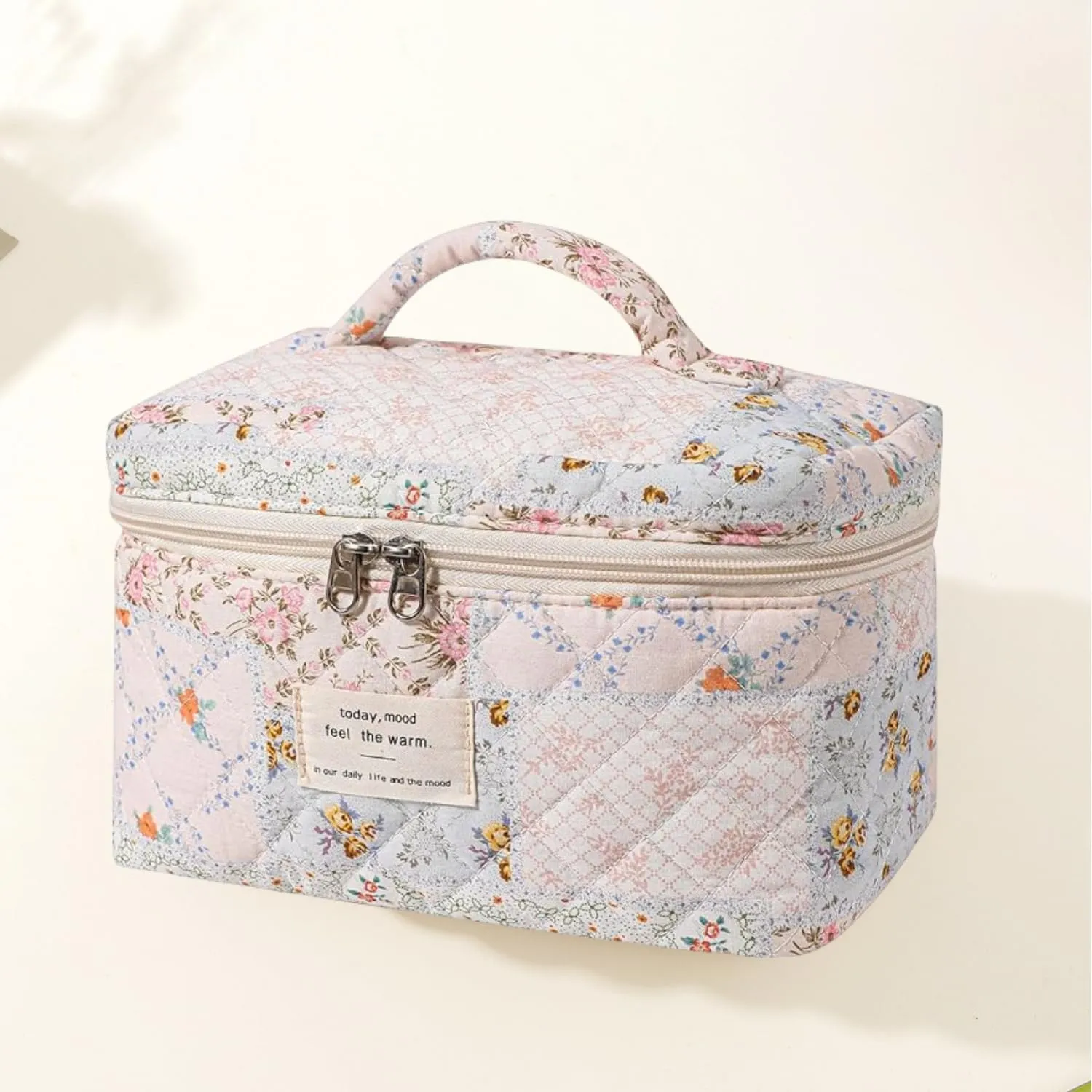 Floral Quilted Makeup Bag Set for Women Aesthetic Travel Large Cute Cosmetic Toiletry Pouch Lightweight Cotton Tote Purse Organizer Insert Valentines_Gifts for Her, c01 (3PCS#08Patchwork)