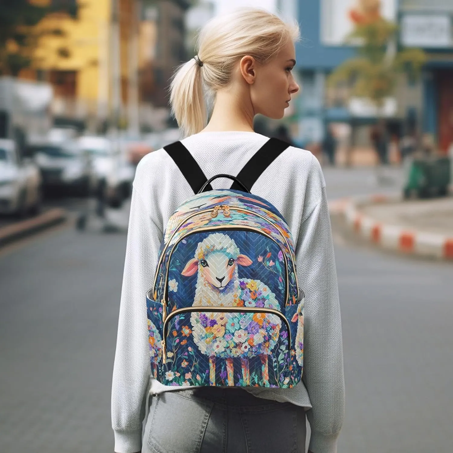 Floral Sheep Navy Backpack Purse for Women Ladies Shoulder Bags with Anti-theft Back for College Travel M