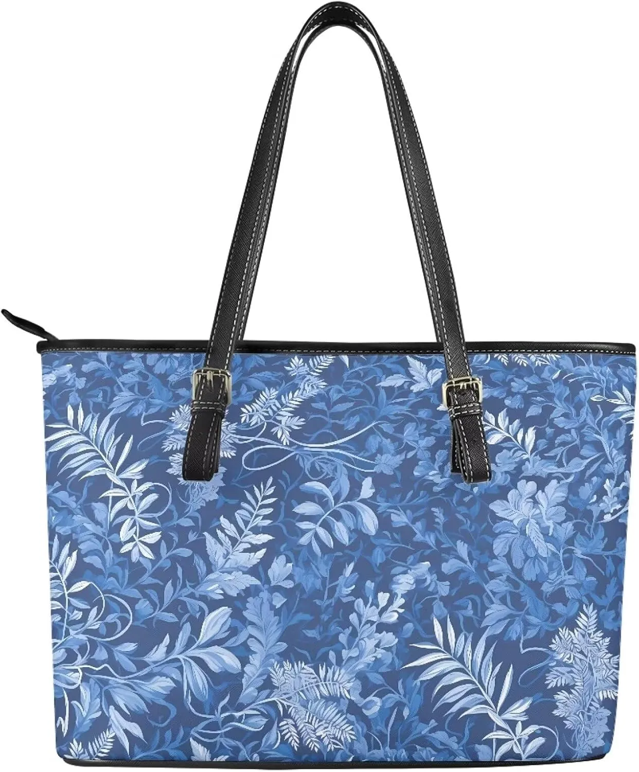 Flowers Soft Leather Tote Bag for Women Handbag Purse, Coastal Style Faux Leather Zipper Travel Tote Bag 13.5 Inch