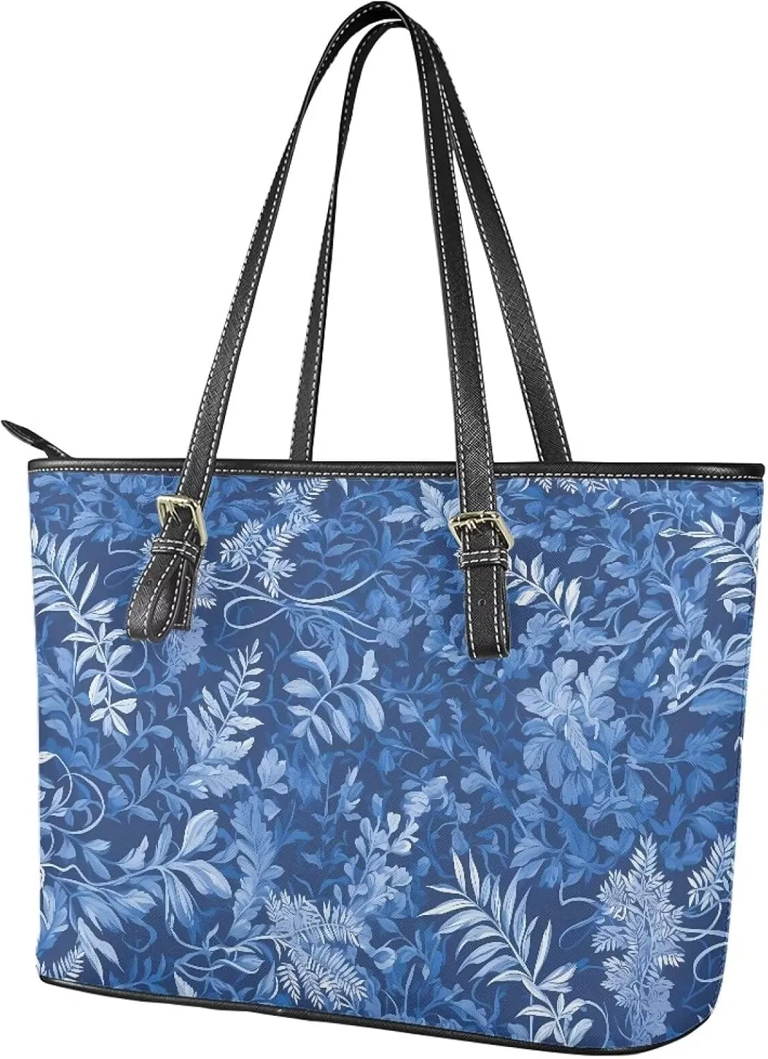 Flowers Soft Leather Tote Bag for Women Handbag Purse, Coastal Style Faux Leather Zipper Travel Tote Bag 13.5 Inch