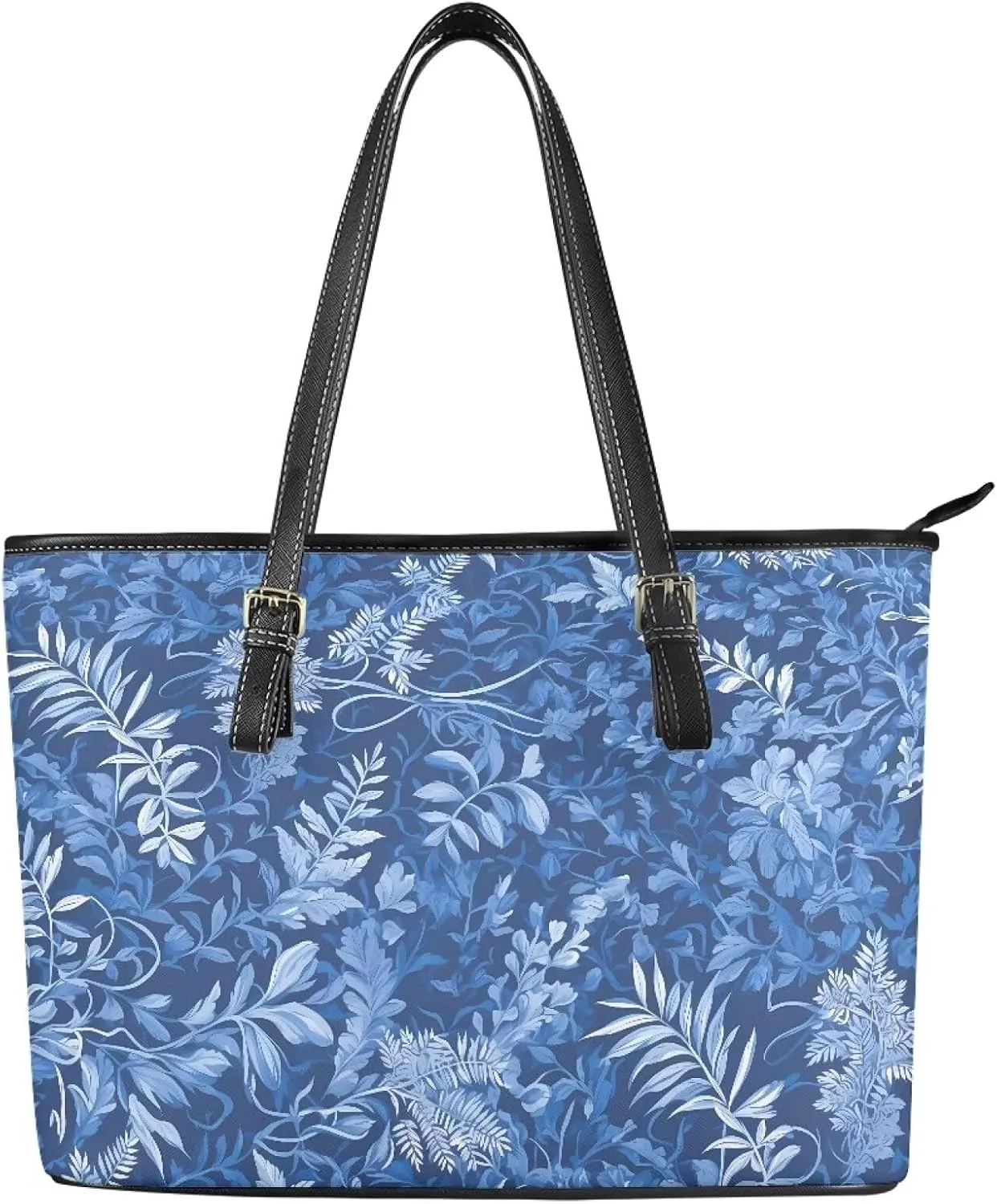 Flowers Soft Leather Tote Bag for Women Handbag Purse, Coastal Style Faux Leather Zipper Travel Tote Bag 13.5 Inch