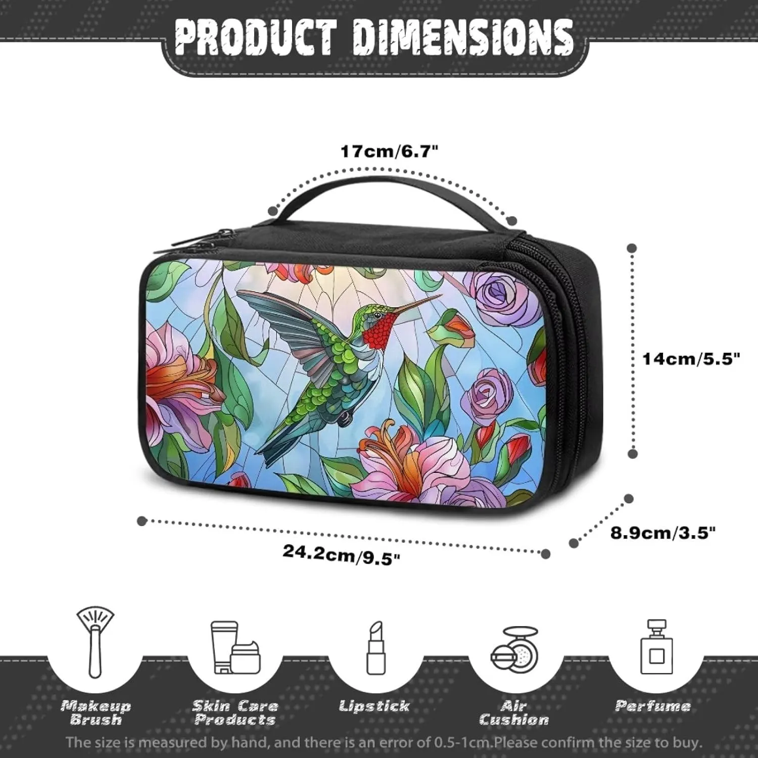 FOR U DESIGNS Quilted Cosmetic Bag with Compartments Hummingbird Print Asethetic Travel Toiletry Bags Makeup Bags for Traveling