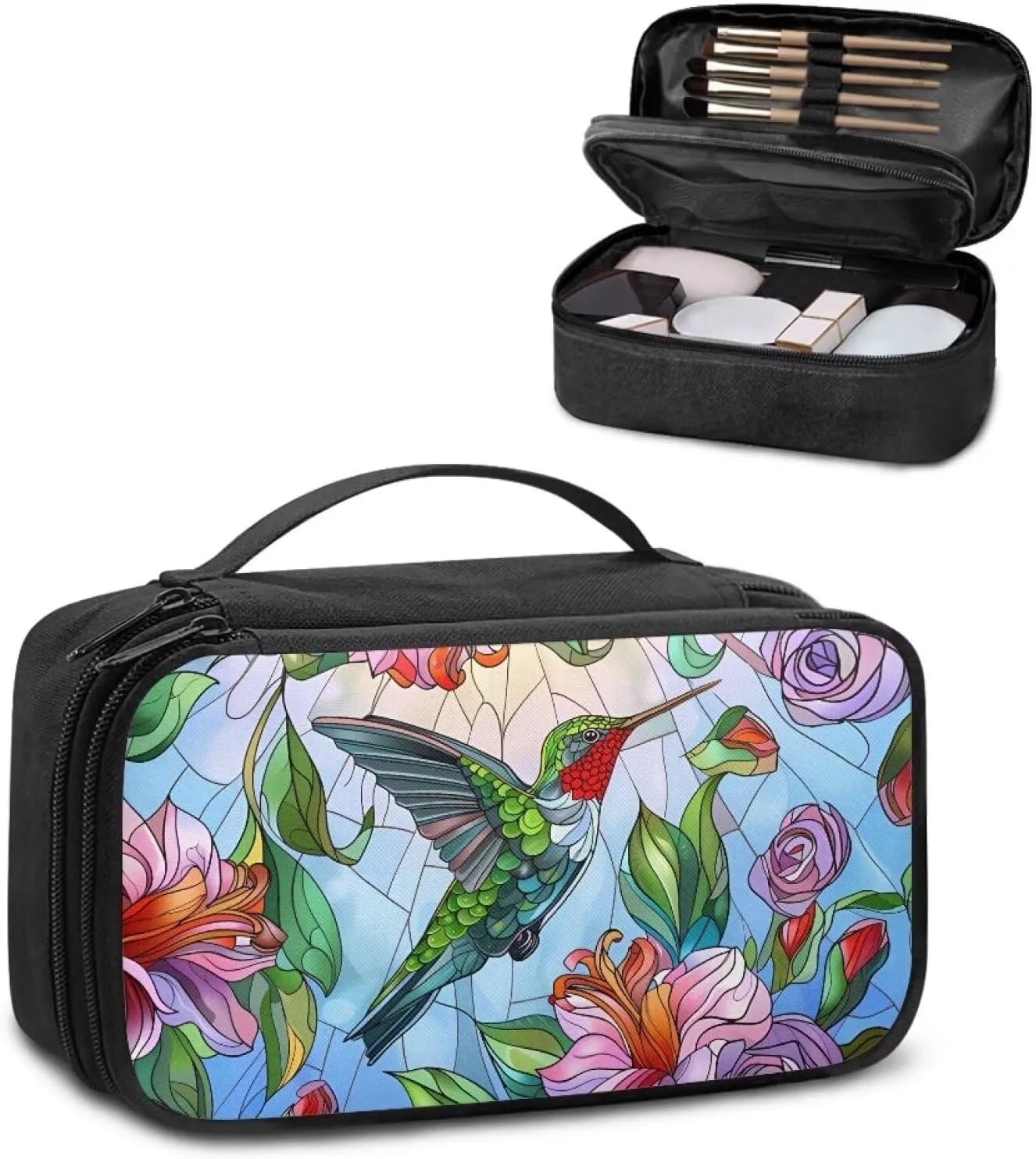 FOR U DESIGNS Quilted Cosmetic Bag with Compartments Hummingbird Print Asethetic Travel Toiletry Bags Makeup Bags for Traveling