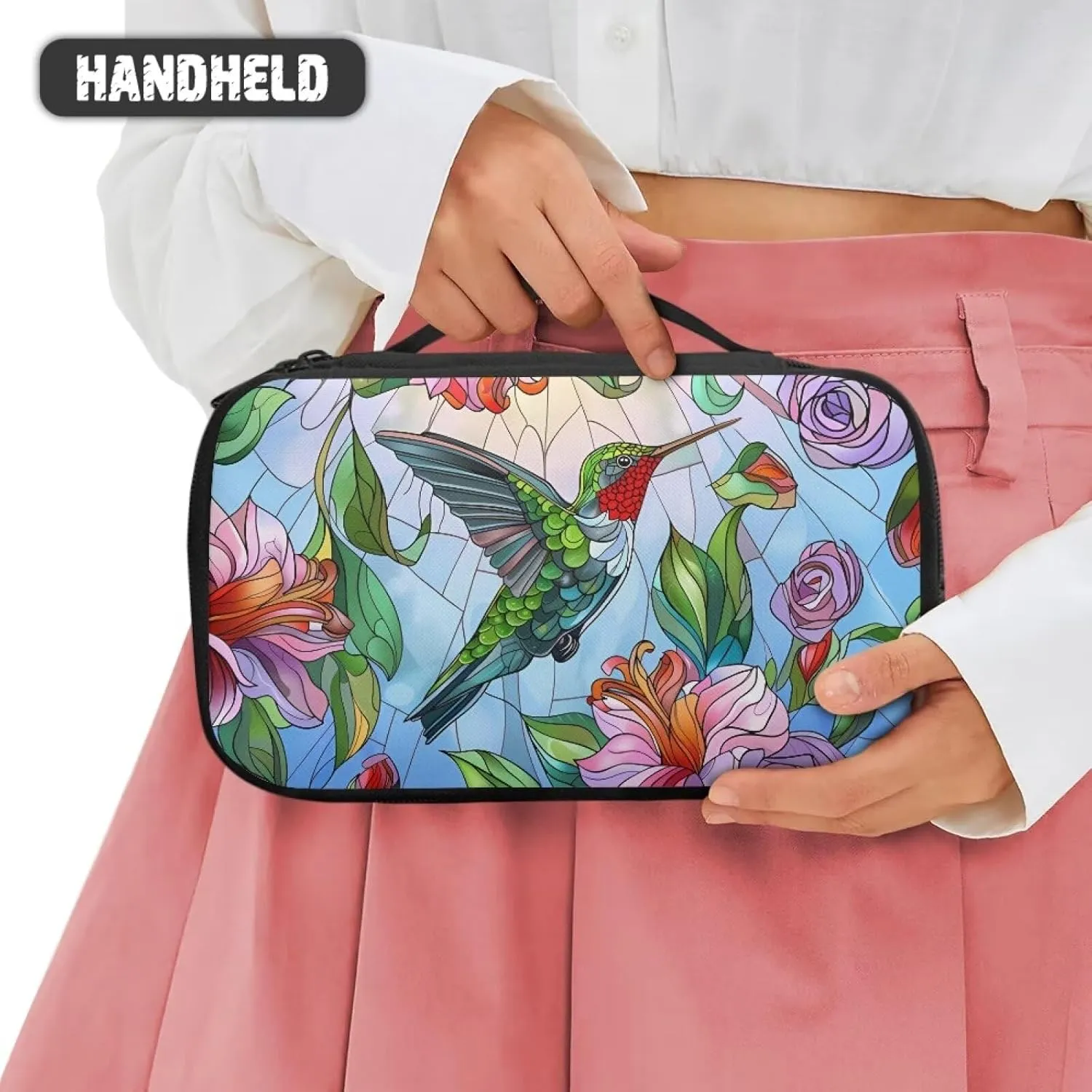 FOR U DESIGNS Quilted Cosmetic Bag with Compartments Hummingbird Print Asethetic Travel Toiletry Bags Makeup Bags for Traveling