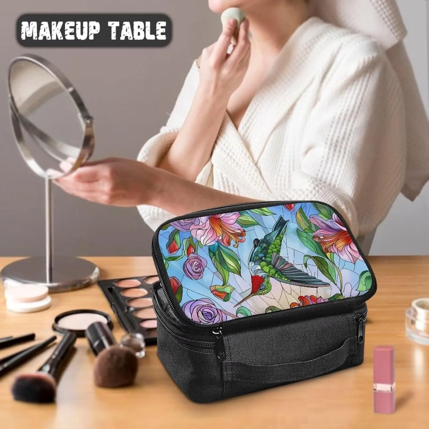 FOR U DESIGNS Quilted Cosmetic Bag with Compartments Hummingbird Print Asethetic Travel Toiletry Bags Makeup Bags for Traveling