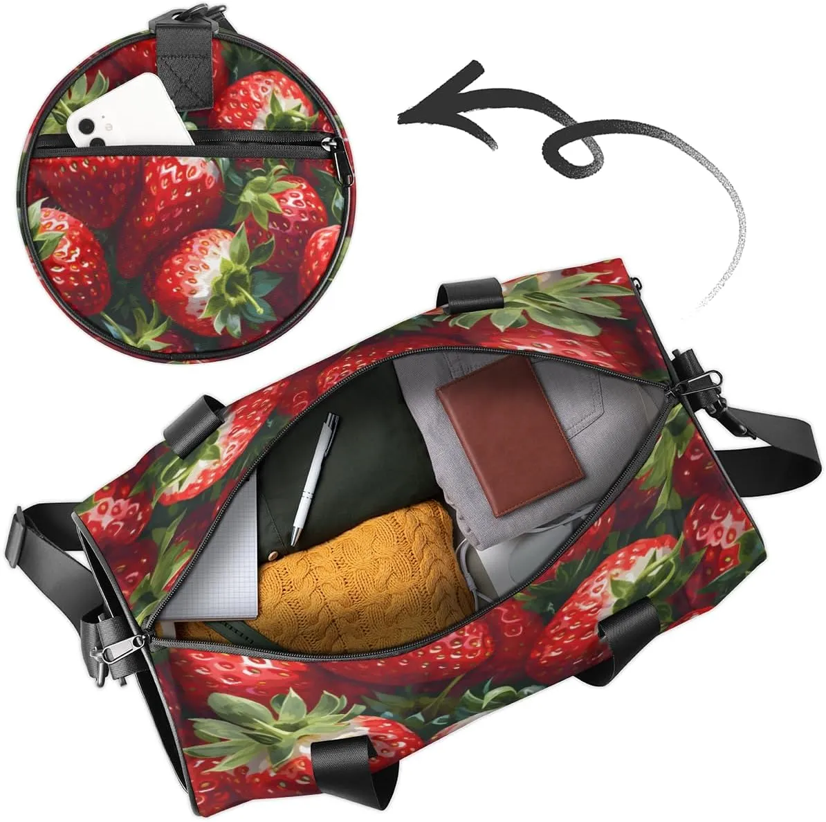 Fruit Red Strawberry Custom Duffel Bags Weekender Bags Custom Sport Duffel Bag Carry on Overnight Weekender Bag