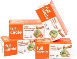 Full Circle Compostable Bags for Food Waste – 4-Gallon Size, 100ct, 4 Boxes of 25 – Plant-Based, Tear and Leak-Resistant Compost Bags