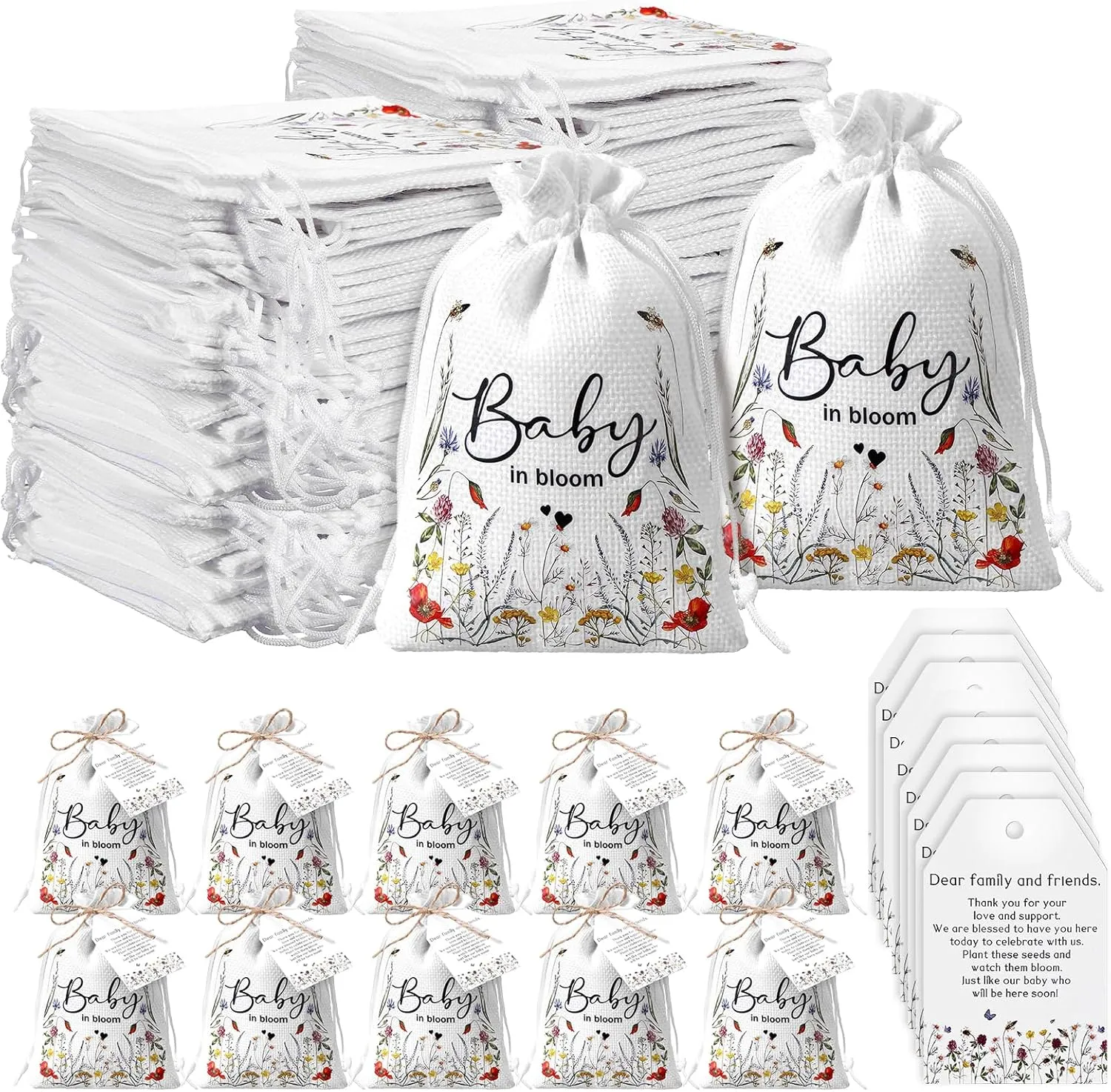 Fumete 25 Sets Baby Shower Party Favors for Guests Baby in Bloom Seed Packets Wildflower Organizer Burlap Bag with Drawstring Thank You Cards and Twine for Baby Shower Favor Guests, No Seeds