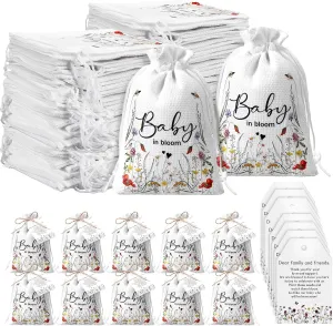 Fumete 25 Sets Baby Shower Party Favors for Guests Baby in Bloom Seed Packets Wildflower Organizer Burlap Bag with Drawstring Thank You Cards and Twine for Baby Shower Favor Guests, No Seeds