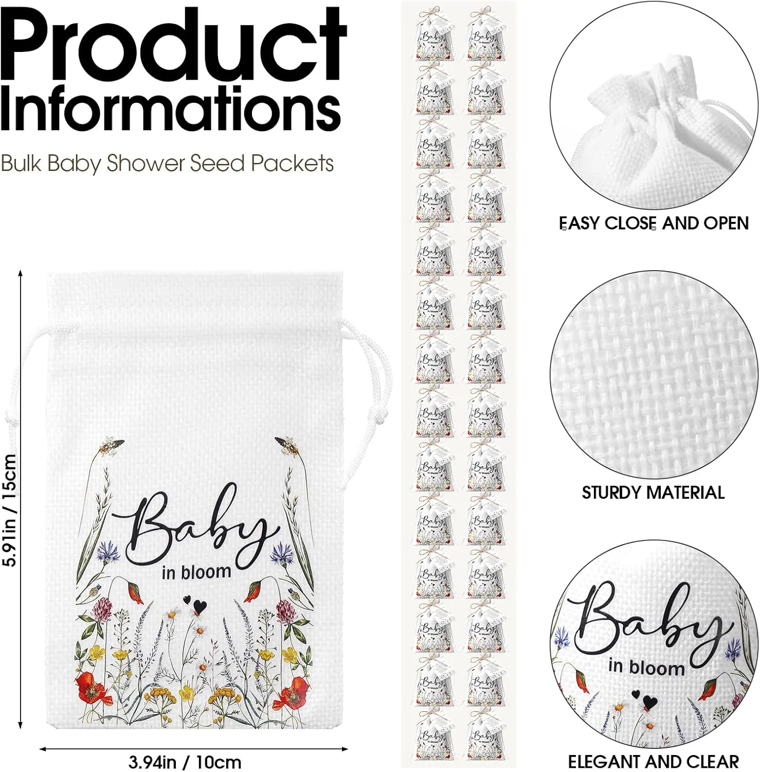 Fumete 25 Sets Baby Shower Party Favors for Guests Baby in Bloom Seed Packets Wildflower Organizer Burlap Bag with Drawstring Thank You Cards and Twine for Baby Shower Favor Guests, No Seeds