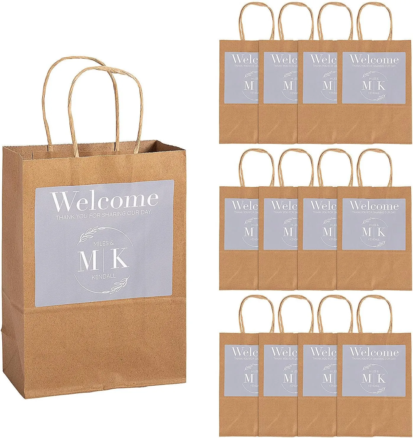 Fun Express Personalized Names & Initials Wedding Welcome Kraft Paper Gift Bags Medium 6 1/2" x 9" - 12 Pieces