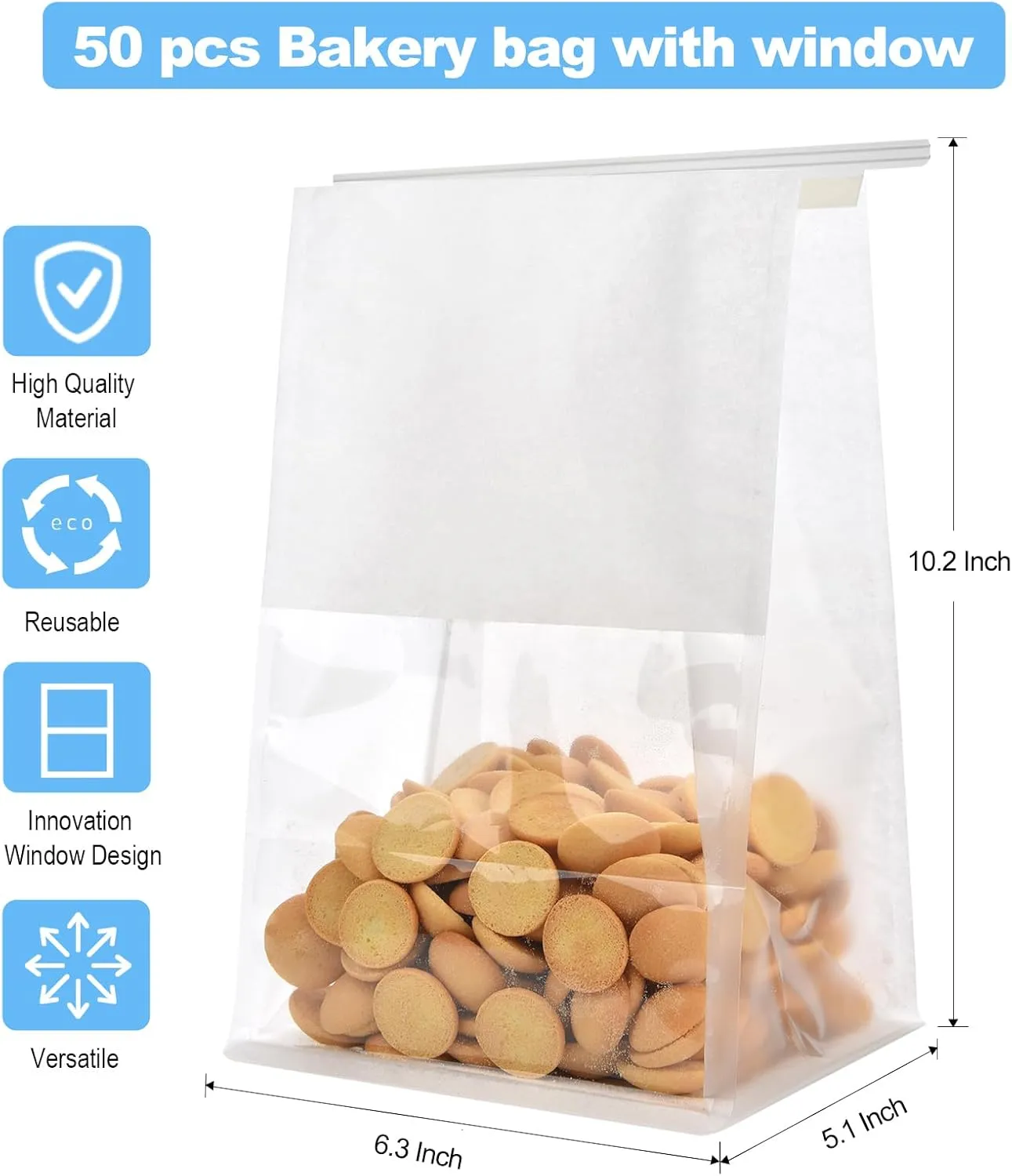 Funcoo 50 Paper Bread Bags for Homemade Bread Sourdough Bakery Storage Bags with Window, Large Bakery Loaf Bag for Baked Goods Packaging(10.2'' X 6.3'' X 5.1'') (White)