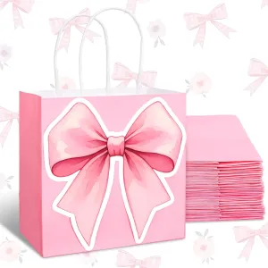 FYSUIMU 24 Pcs Pink Bow Paper Gift Bags Bowknot Coquette Party Favor Bags with Handle Preppy Goodie Candy Treat Bags for Birthday Baby Shower Bachelorette
