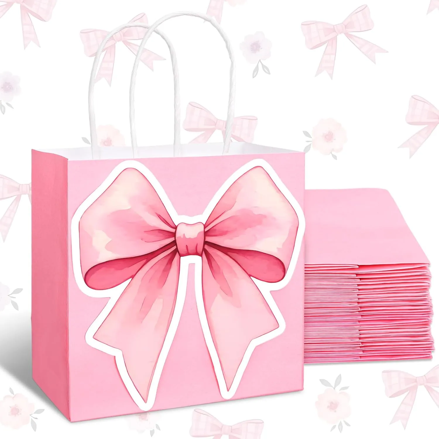 FYSUIMU 24 Pcs Pink Bow Paper Gift Bags Bowknot Coquette Party Favor Bags with Handle Preppy Goodie Candy Treat Bags for Birthday Baby Shower Bachelorette