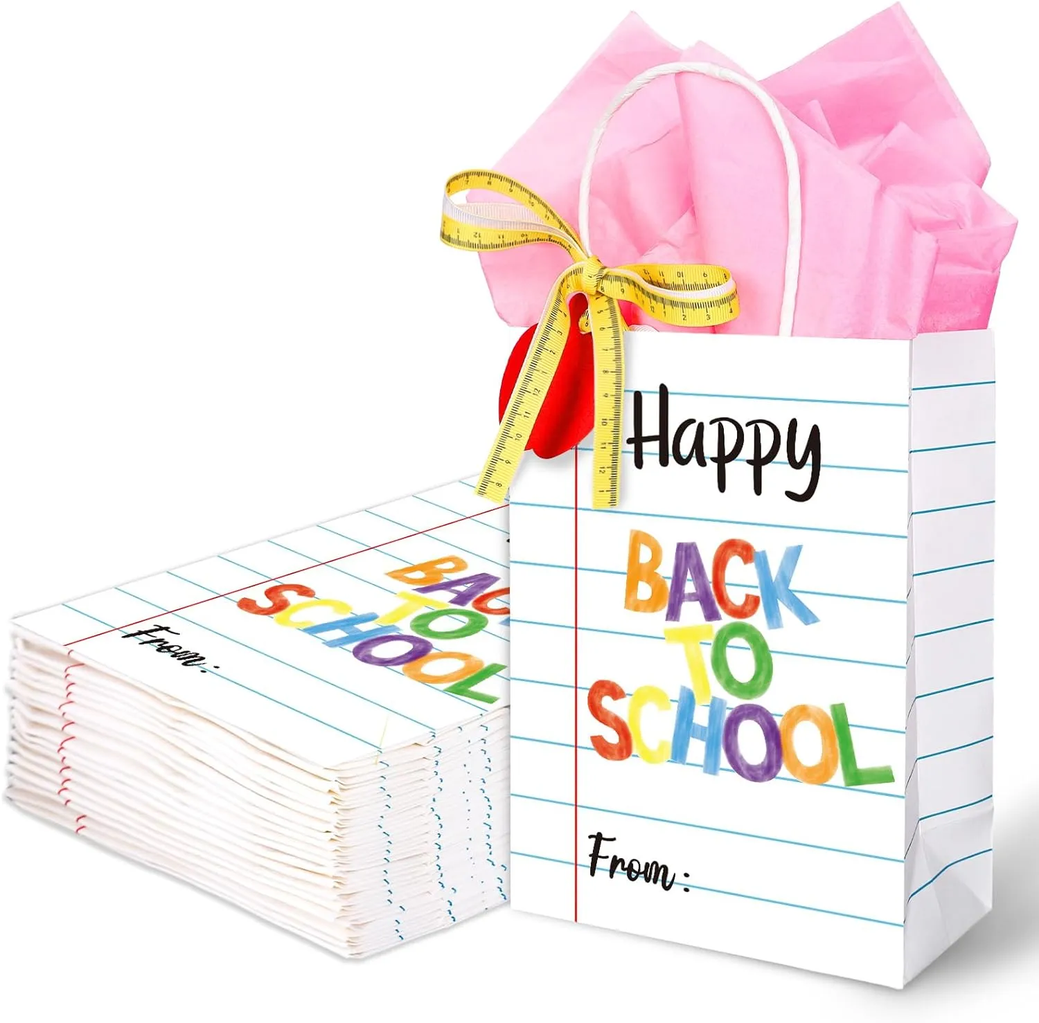 FYSUIMU 24Pcs Back to School Paper Bags with Tissue Paper Apple Tag Ribbon Novel Homework Design Gift Treat Bags with Handles for First Day of School Birthday Baby Shower