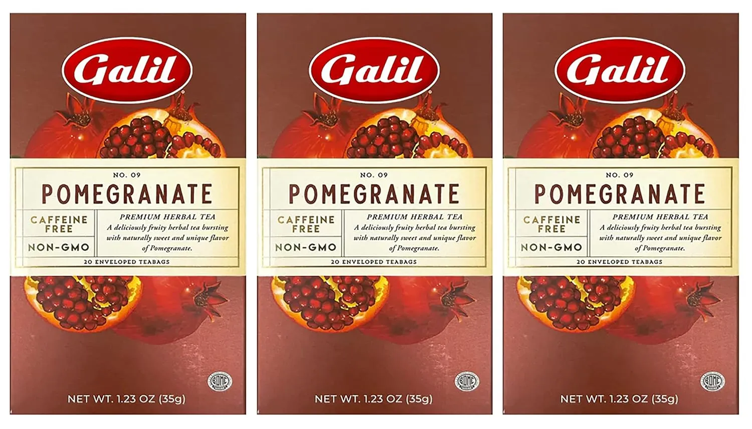 Galil Pomegranate Tea Pack of 3 – Caffeine-Free Herbal Tea, Certified Kosher Tea – Non-GMO Fruit Teabags 20 Count, 60 Tea Sachets Total (Pack of 3)