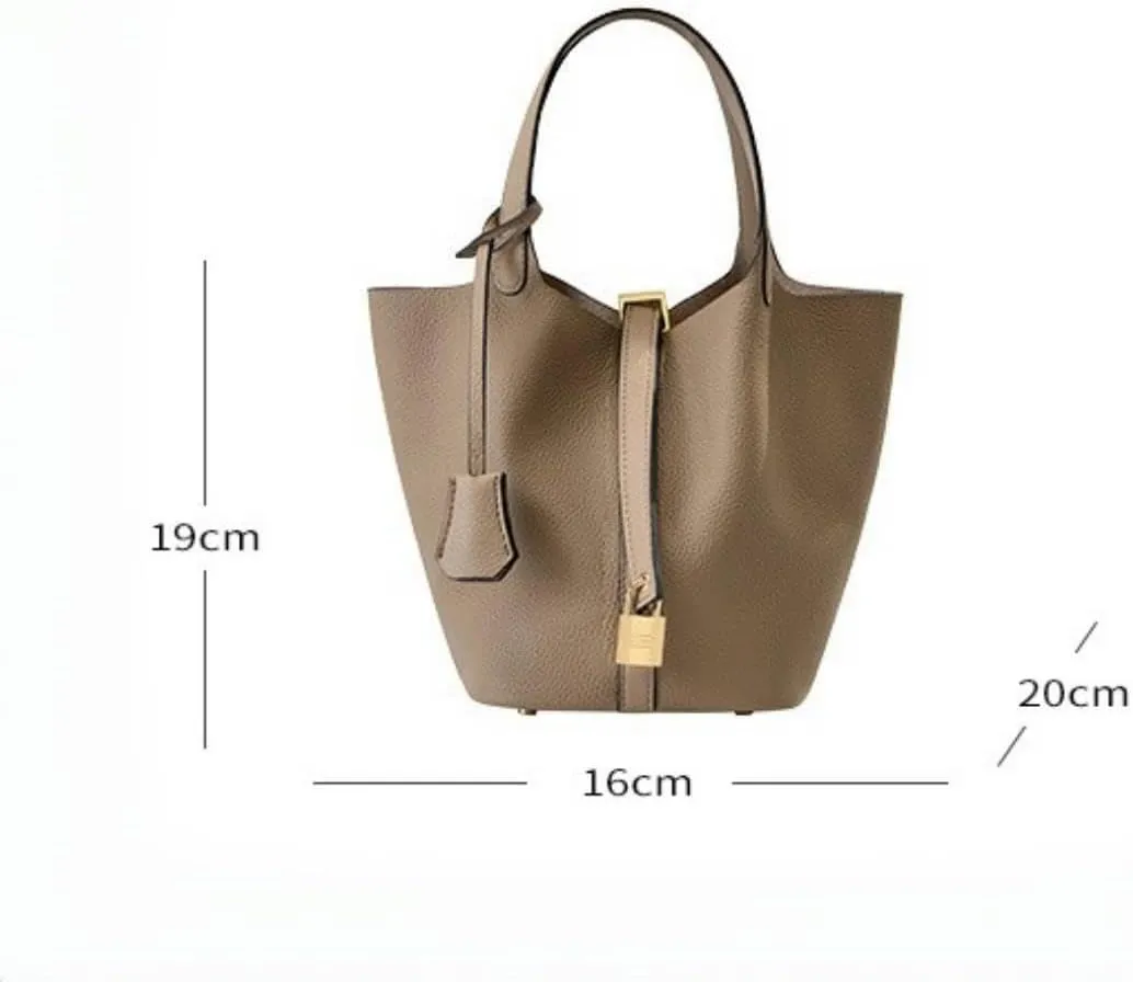 Genuine leather bucket bag for women old trend lychee drawstring soft basket tote bag