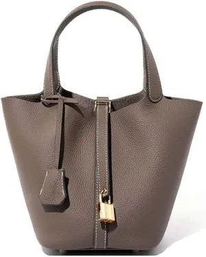 Genuine leather bucket bag for women old trend lychee drawstring soft basket tote bag