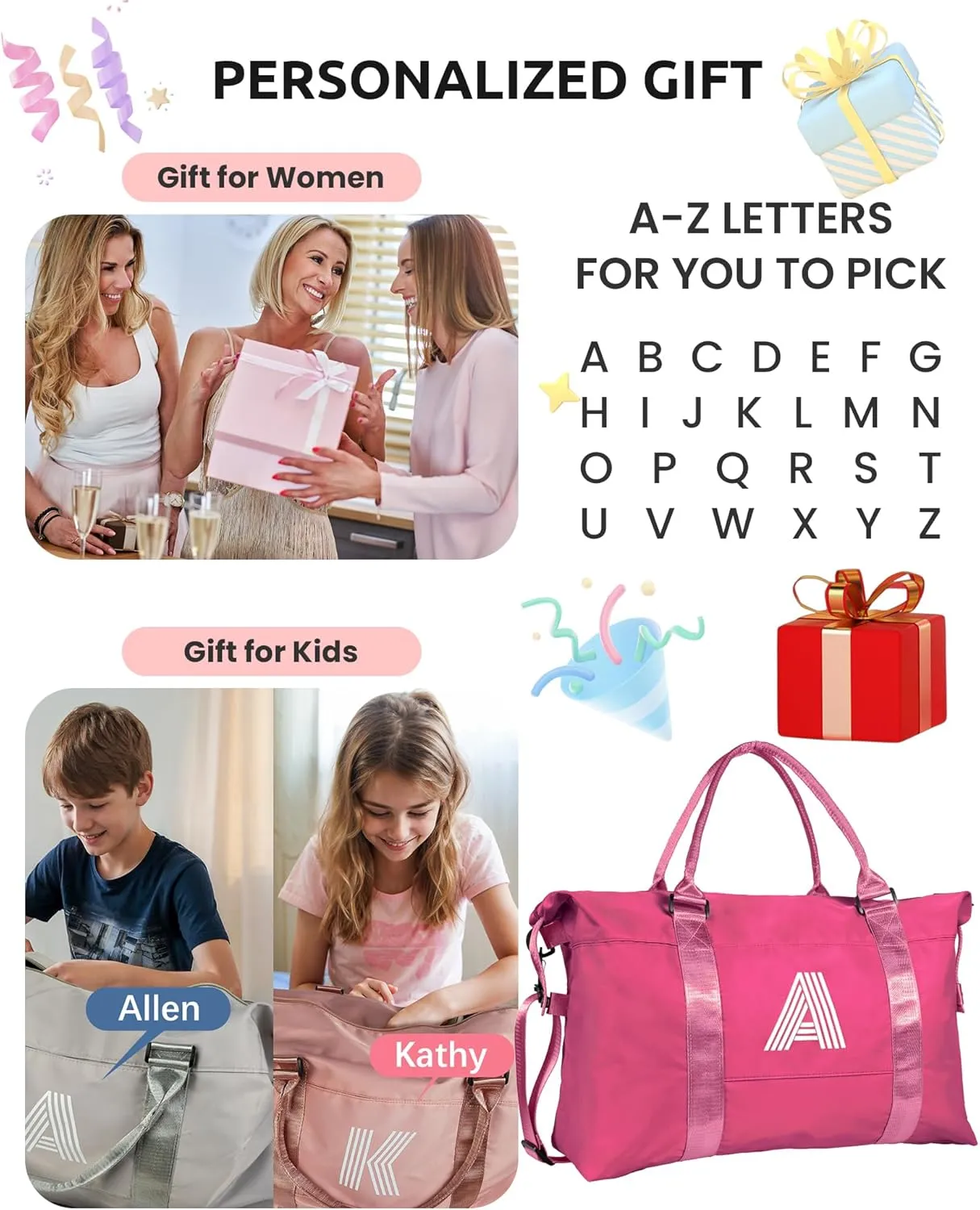 Gifts for Teen Girl, Birthday Gift, Kids Travel Bag, Monogrammed Bags for Girls, Sports Bag, Personalized Weekender Bag, Monogram Overnight Bag Gift for Her (Letter A)