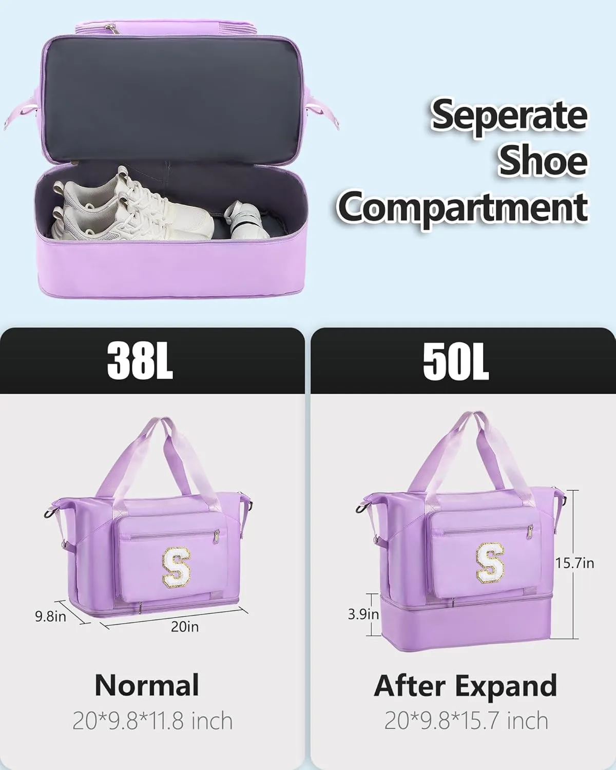 Gifts for Women & Girls-Initial Duffle Bag for Travel, Carry on Bag Duffel Bags, GYM Weekend Overnight Bag with Shoes Compartment,Hospital Bags -Purple S