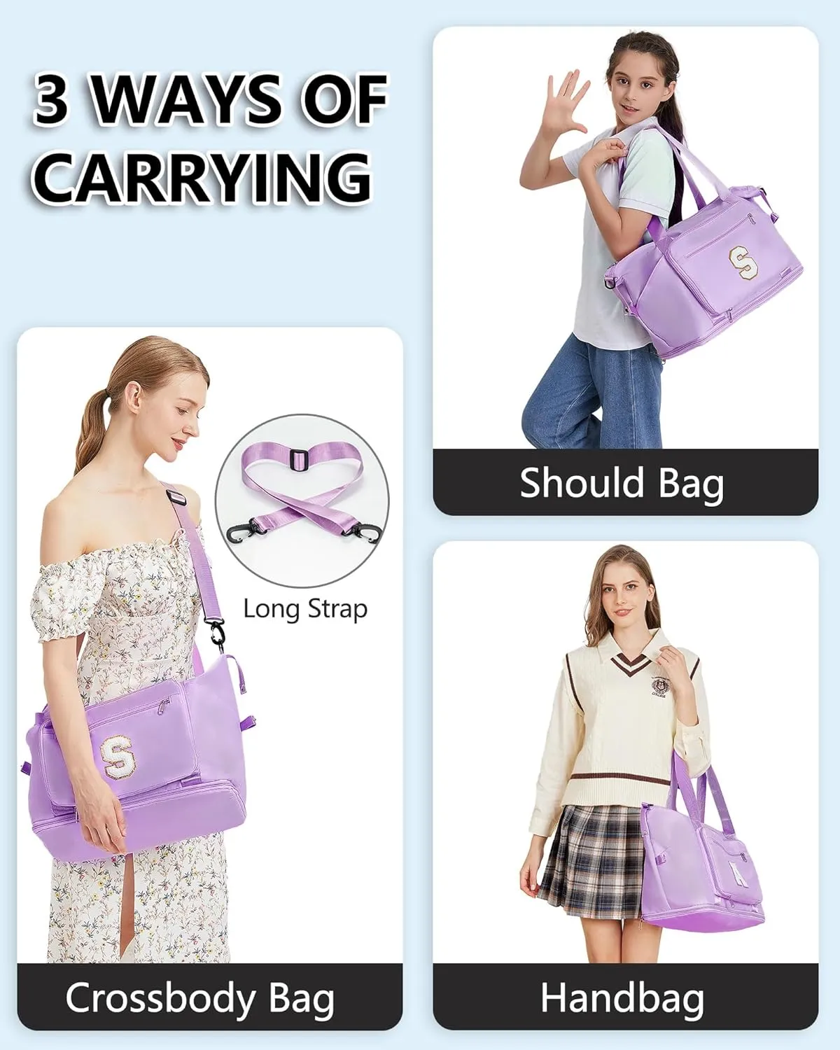 Gifts for Women & Girls-Initial Duffle Bag for Travel, Carry on Bag Duffel Bags, GYM Weekend Overnight Bag with Shoes Compartment,Hospital Bags -Purple S