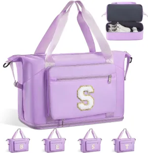 Gifts for Women & Girls-Initial Duffle Bag for Travel, Carry on Bag Duffel Bags, GYM Weekend Overnight Bag with Shoes Compartment,Hospital Bags -Purple S