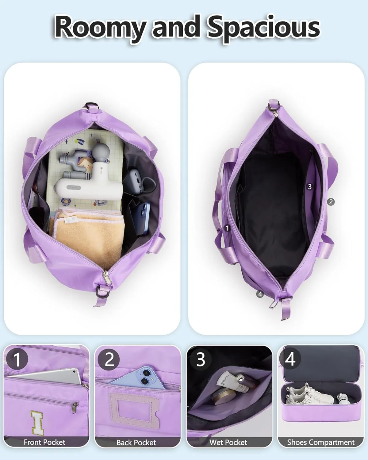 Gifts for Women & Girls-Initial Duffle Bag for Travel, Carry on Bag Duffel Bags, GYM Weekend Overnight Bag with Shoes Compartment,Hospital Bags -Purple S