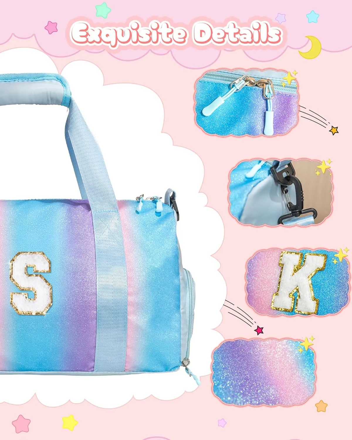 Girl Must Haves-Girl Gym Bag with Shoe Compartment, Kid Personalized Weekender Overnight Bags, Travel Tote with Makeup Pouch, Gift for 3 4 5 6 7 8 9 10 11 12 Year Old Girls (Letter S)