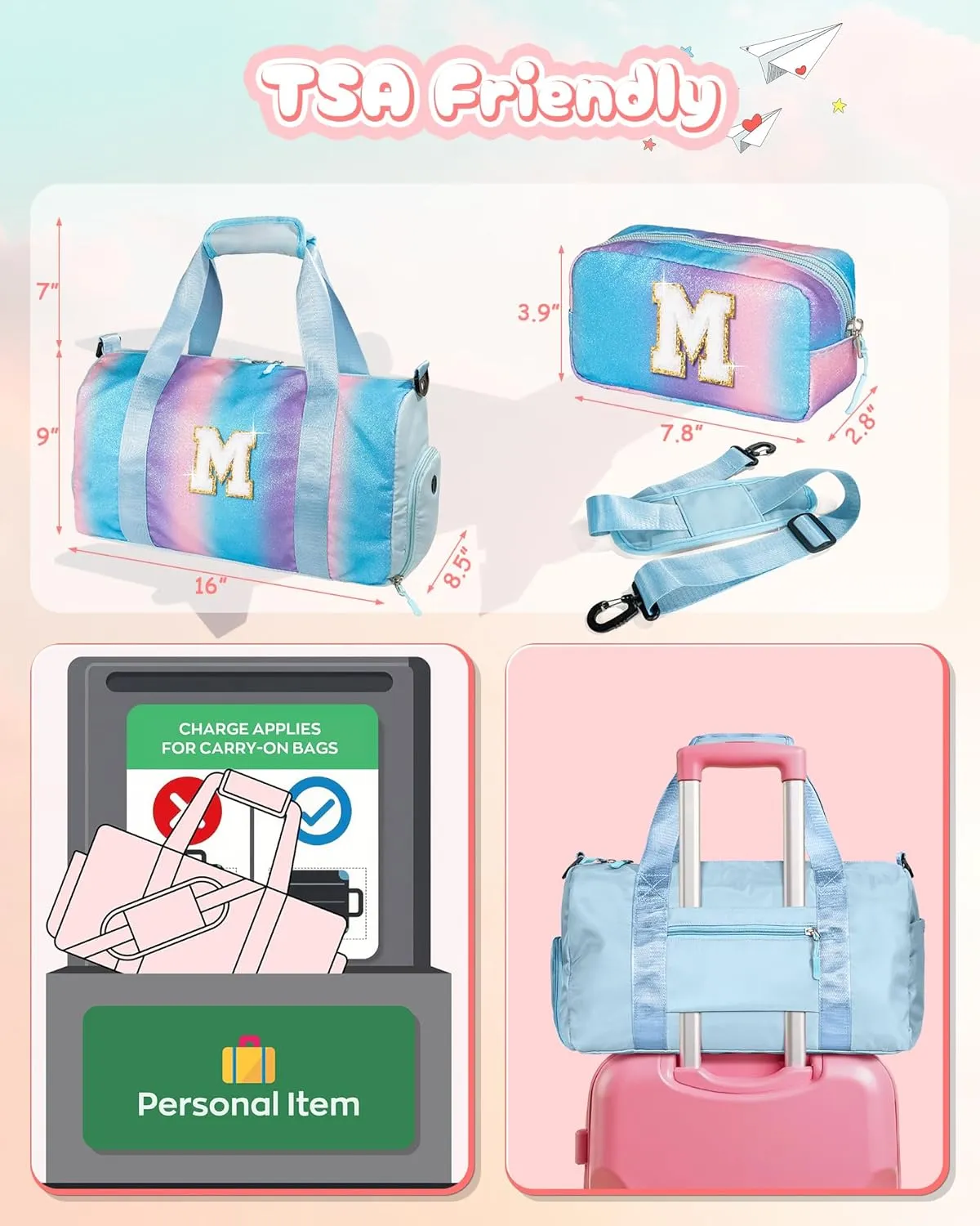 Girl Must Haves-Girl Gym Bag with Shoe Compartment, Kid Personalized Weekender Overnight Bags, Travel Tote with Makeup Pouch, Gift for 3 4 5 6 7 8 9 10 11 12 Year Old Girls (Letter S)