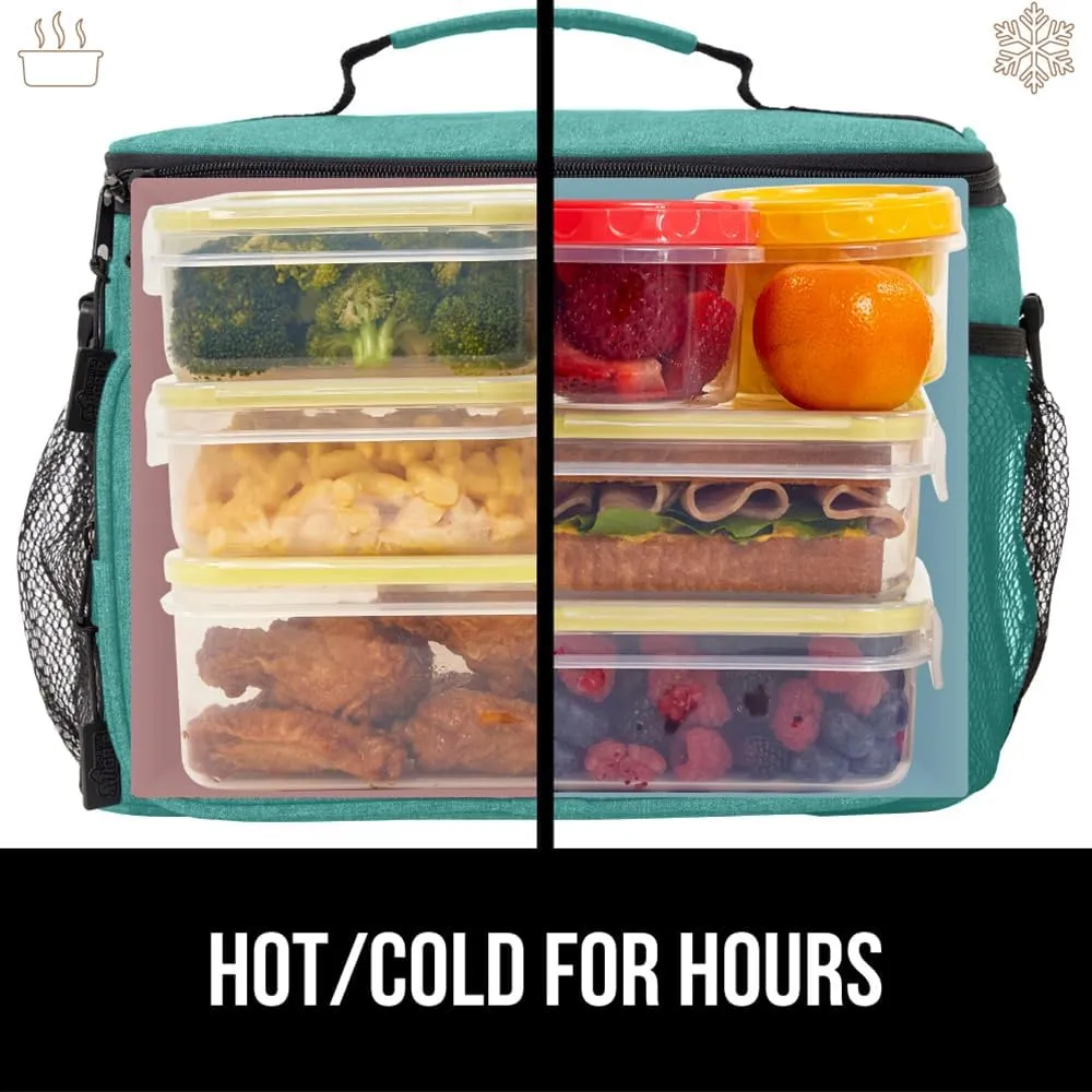 GORILLA GRIP Reusable Insulated Lunch Box Bag for Women Men, Large Leakproof Soft Cooler Bags, Multiple Compartments, Mesh Pockets, Adjustable Strap, Food Tote Keeps Drinks Cold, 8L, 10x9, Turquoise