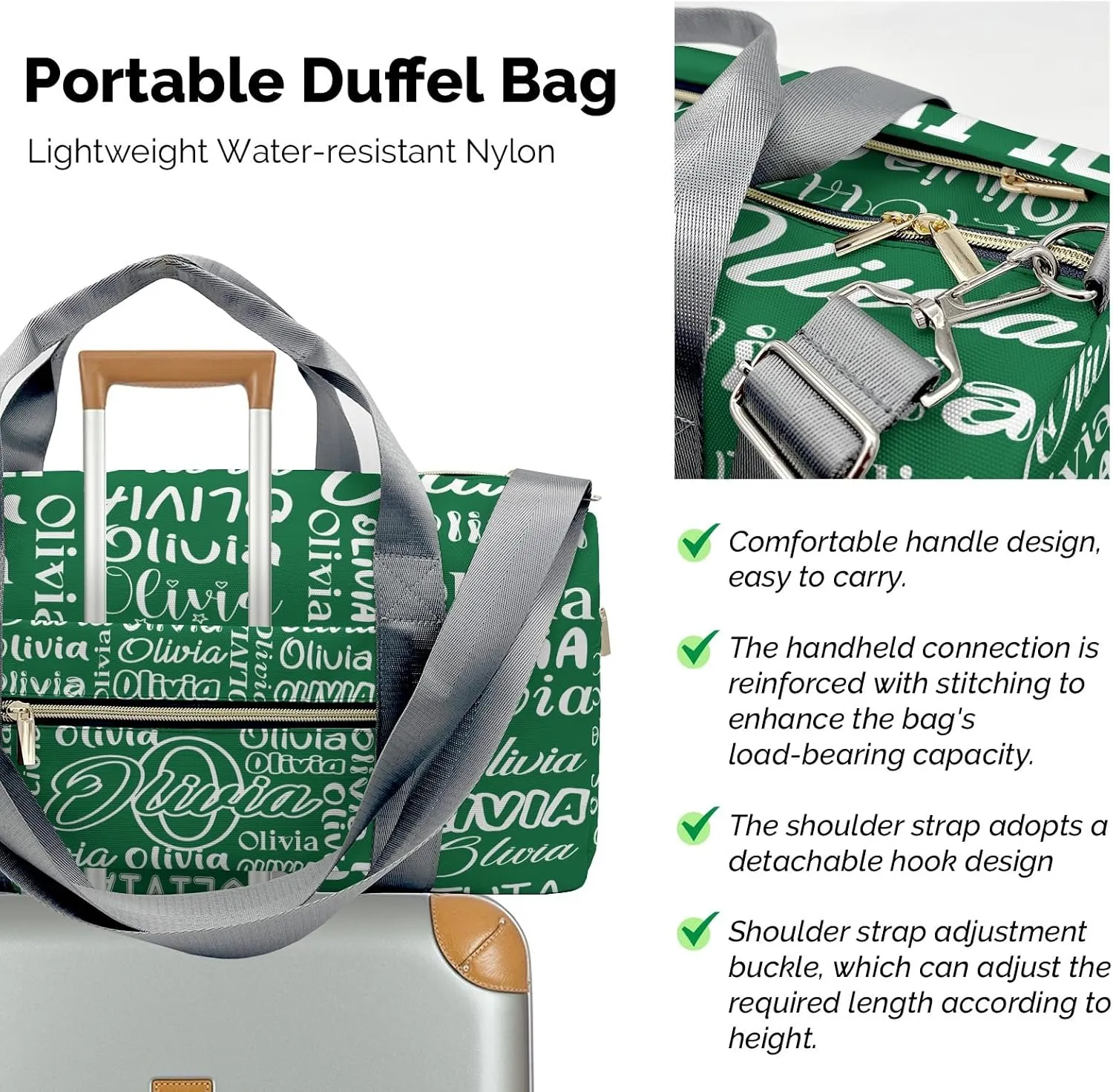 Green Personalized Duffel Bag with Name Text Custom Travel Bag for Woman Men Sports Gym Dance Bags Wet Dry Pockets Shoe Compartment Overnight Weekend Bag