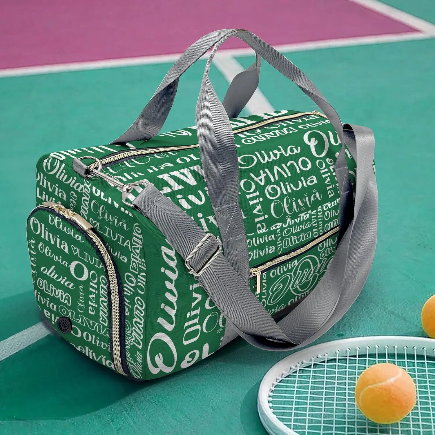 Green Personalized Duffel Bag with Name Text Custom Travel Bag for Woman Men Sports Gym Dance Bags Wet Dry Pockets Shoe Compartment Overnight Weekend Bag