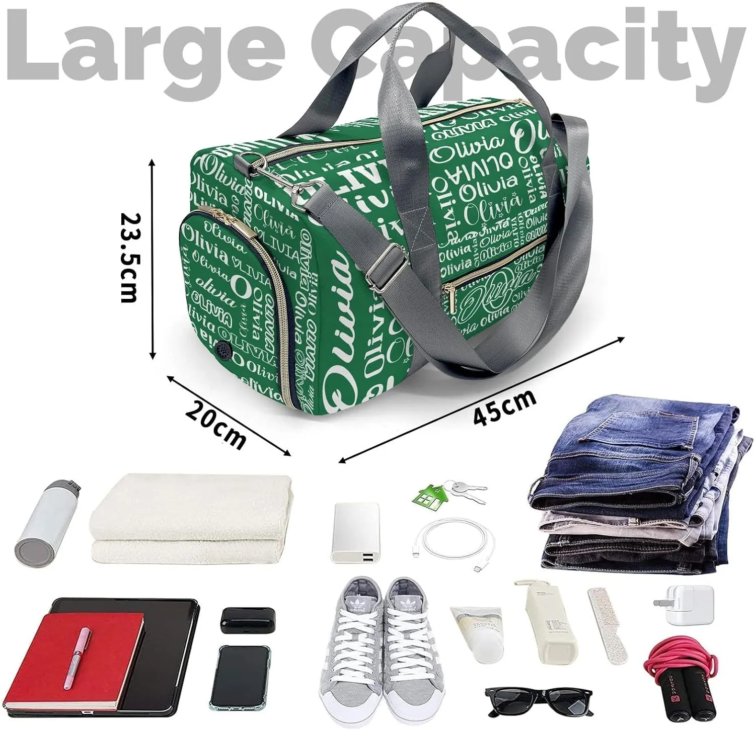 Green Personalized Duffel Bag with Name Text Custom Travel Bag for Woman Men Sports Gym Dance Bags Wet Dry Pockets Shoe Compartment Overnight Weekend Bag