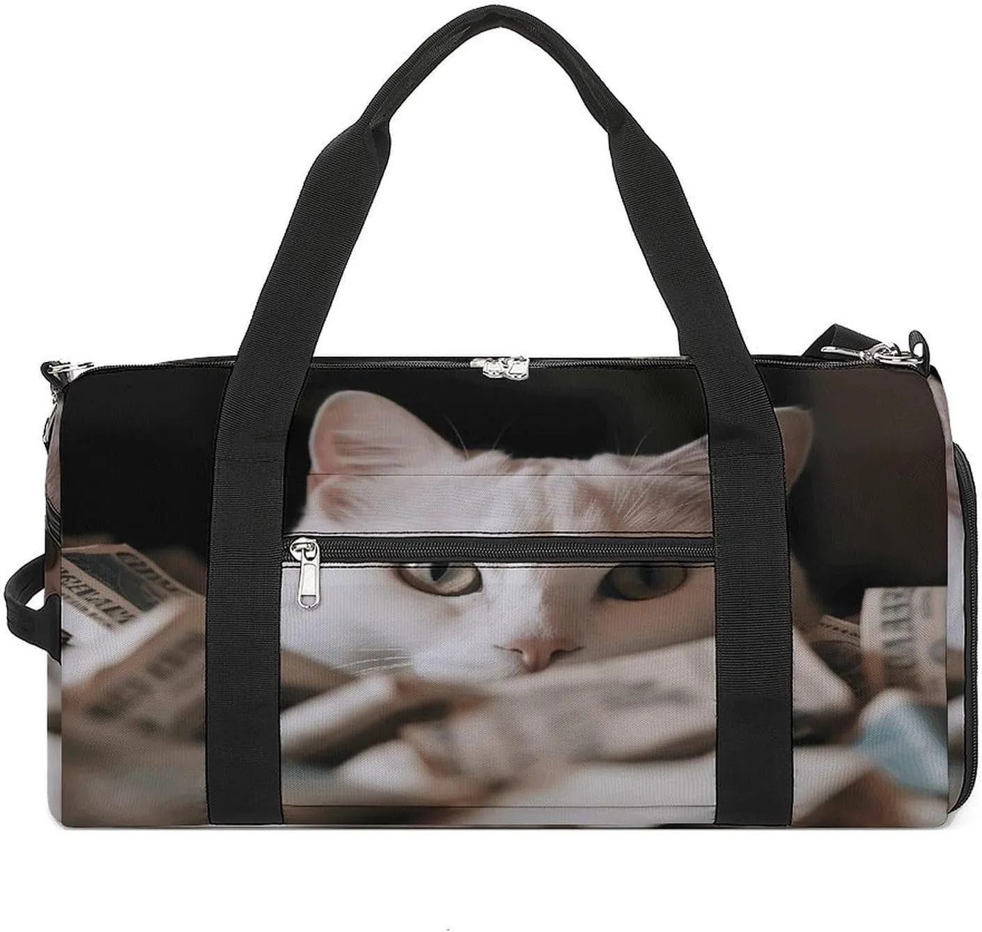 Gym Bag for Women Men,White Cat And Pile of Dollars Print Gym Bag,reusable Gym Bag,gym Bag with Shoe Compartment