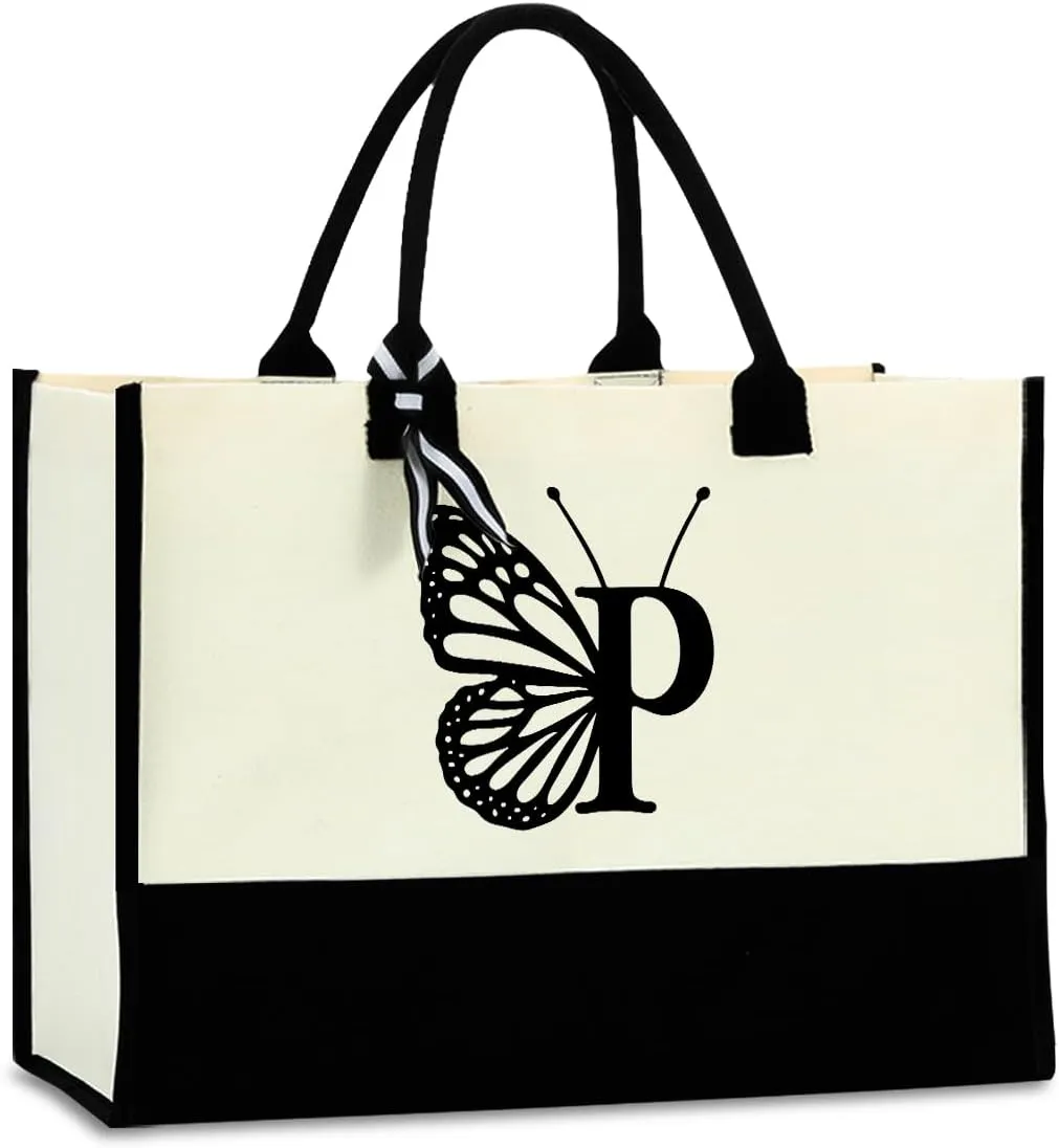 Hanamiya Na Butterfly Initial Canvas Tote Bag Personalized Beach Bag Reusable Grocery Bags Monogrammed Gifts